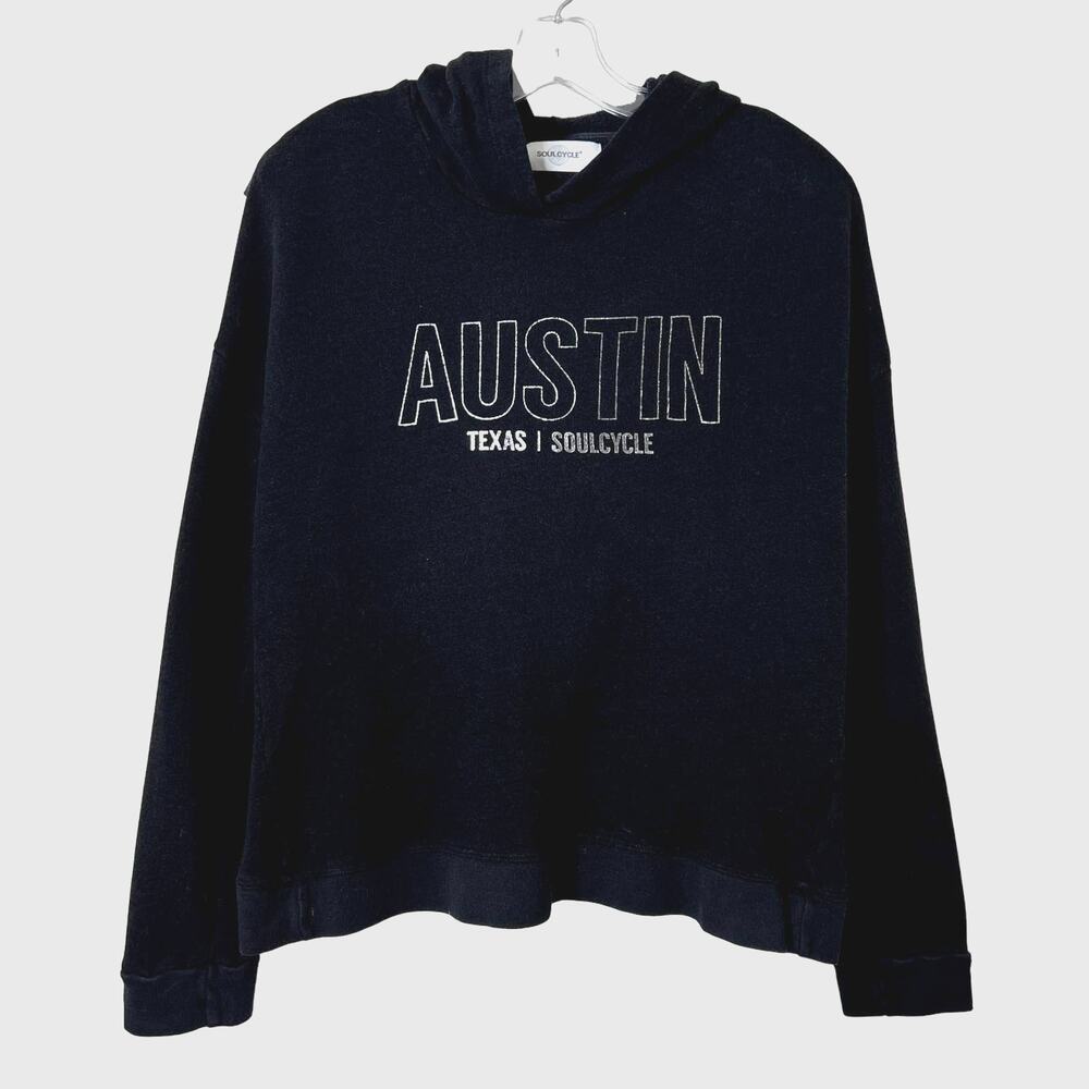 SOULCYCLE Austin Texas Logo Graphic Open Back Hoodie Sweatshirt Black Small